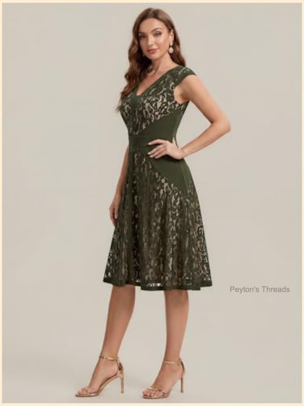 V Neck Stretchy Lace Cocktail Midi Dress Cap Sleeve Wedding Guest - Picture 4 of 7